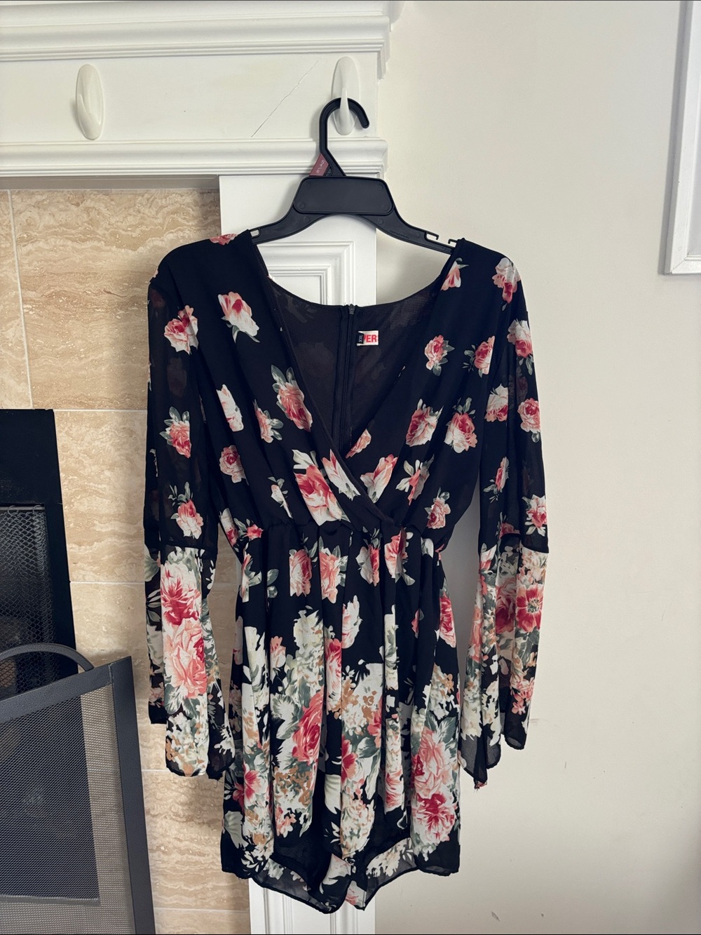 Black Floral Romper with Pink Rose Print by ER